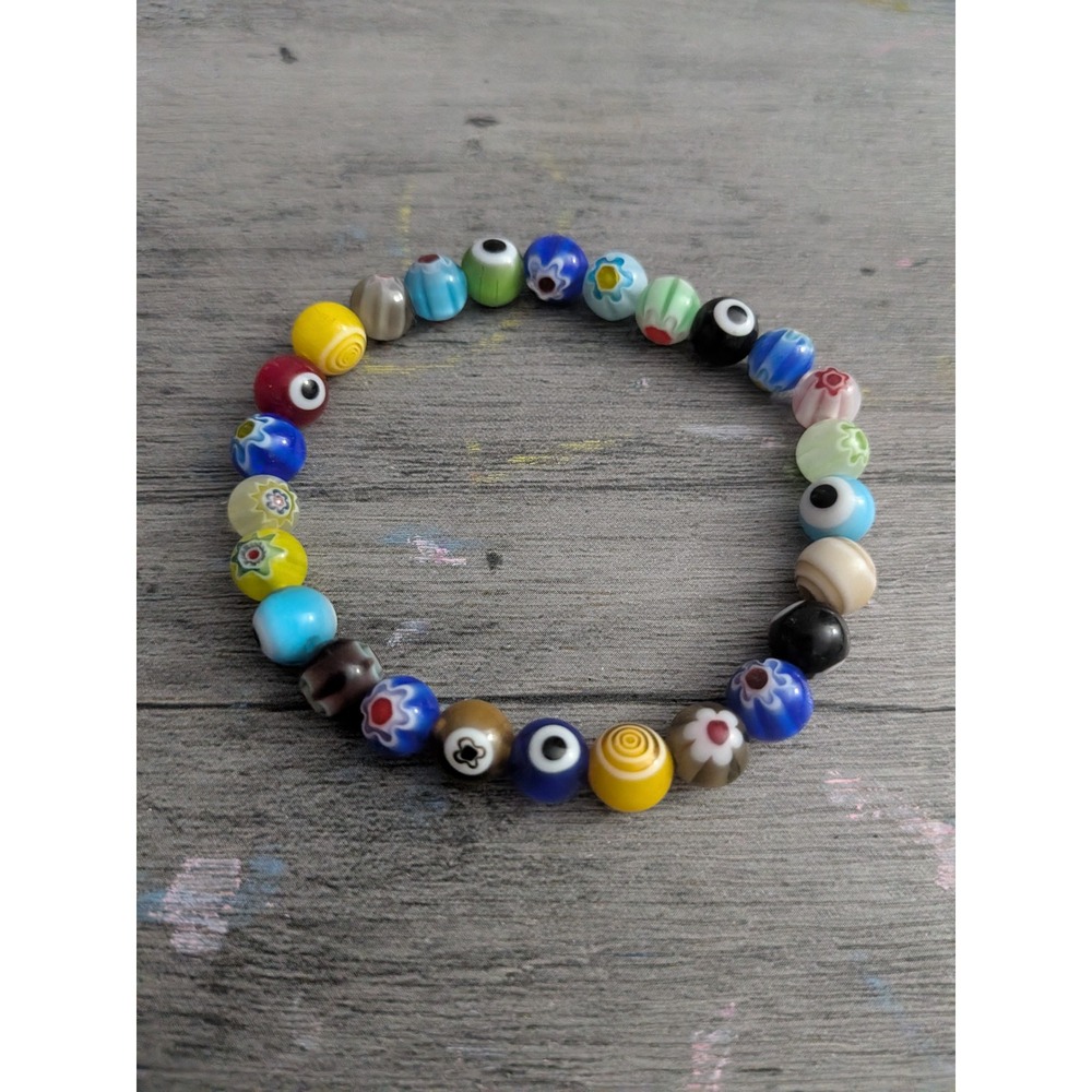 Multicolor Millefiori Evil Eye Glass Bead Stretch Bracelet Boho Artisan Jewelry